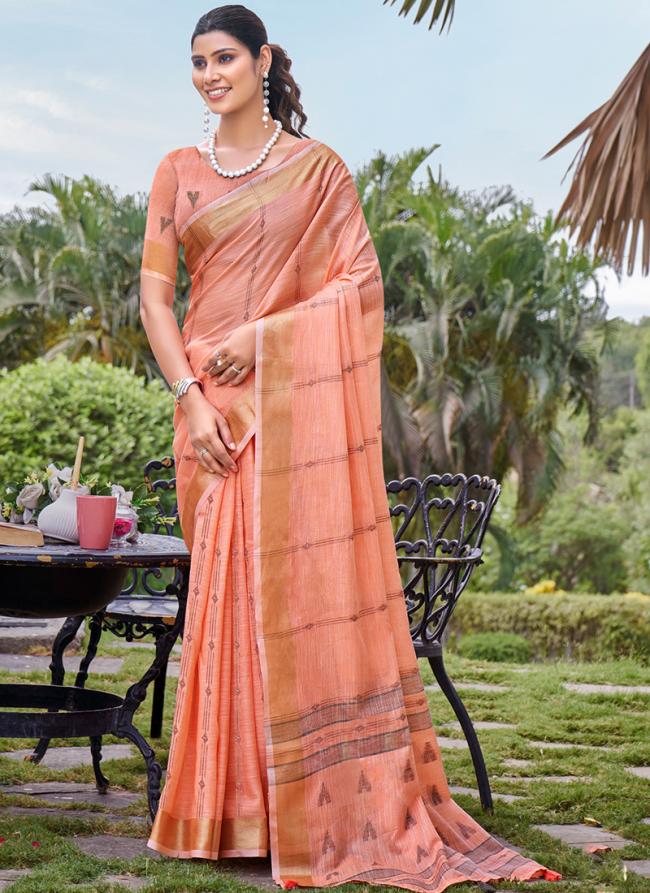 Cotton Peach Daily Wear Weaving Saree